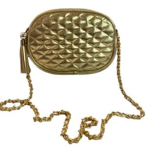 Gold Metallic quilted faux-leather crossbody purse, tassels, Special Occasion